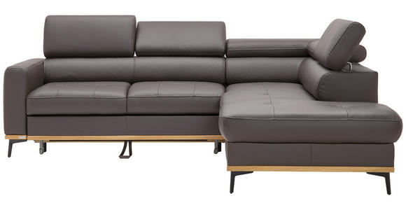 ECKSOFA Dunkelbraun Echtleder  - Dunkelbraun/Schwarz, Design, Leder/Holz (252/220cm) - Novel