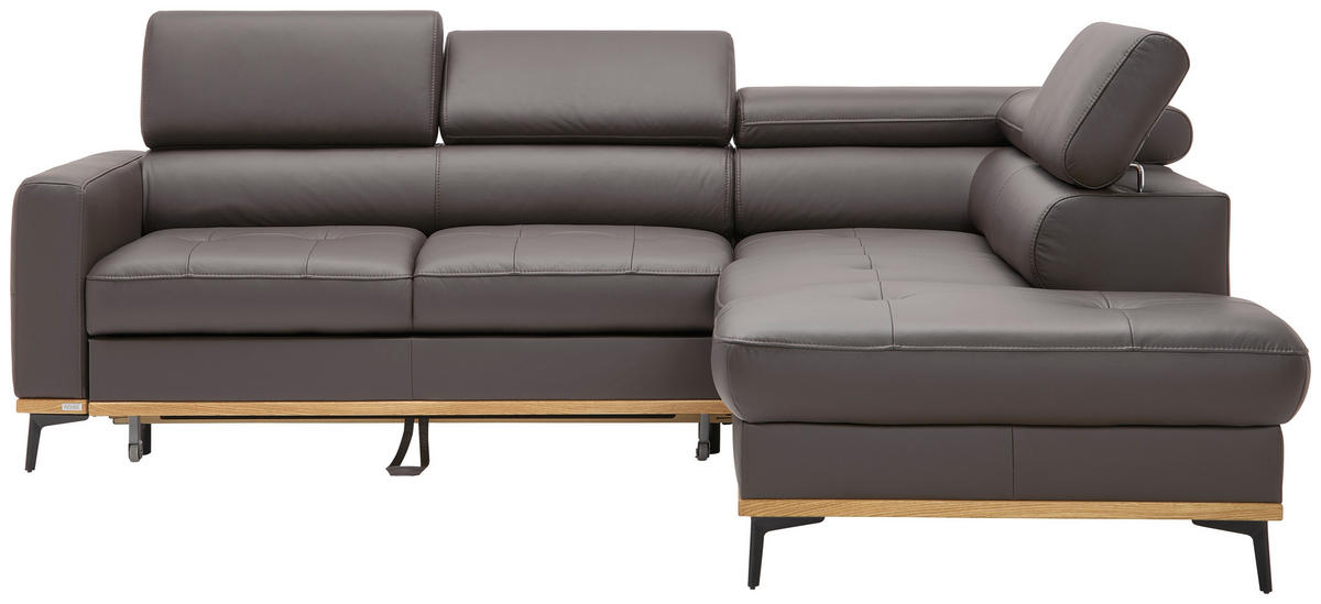 ECKSOFA Dunkelbraun Echtleder  - Dunkelbraun/Schwarz, Design, Leder/Holz (252/220cm) - Novel