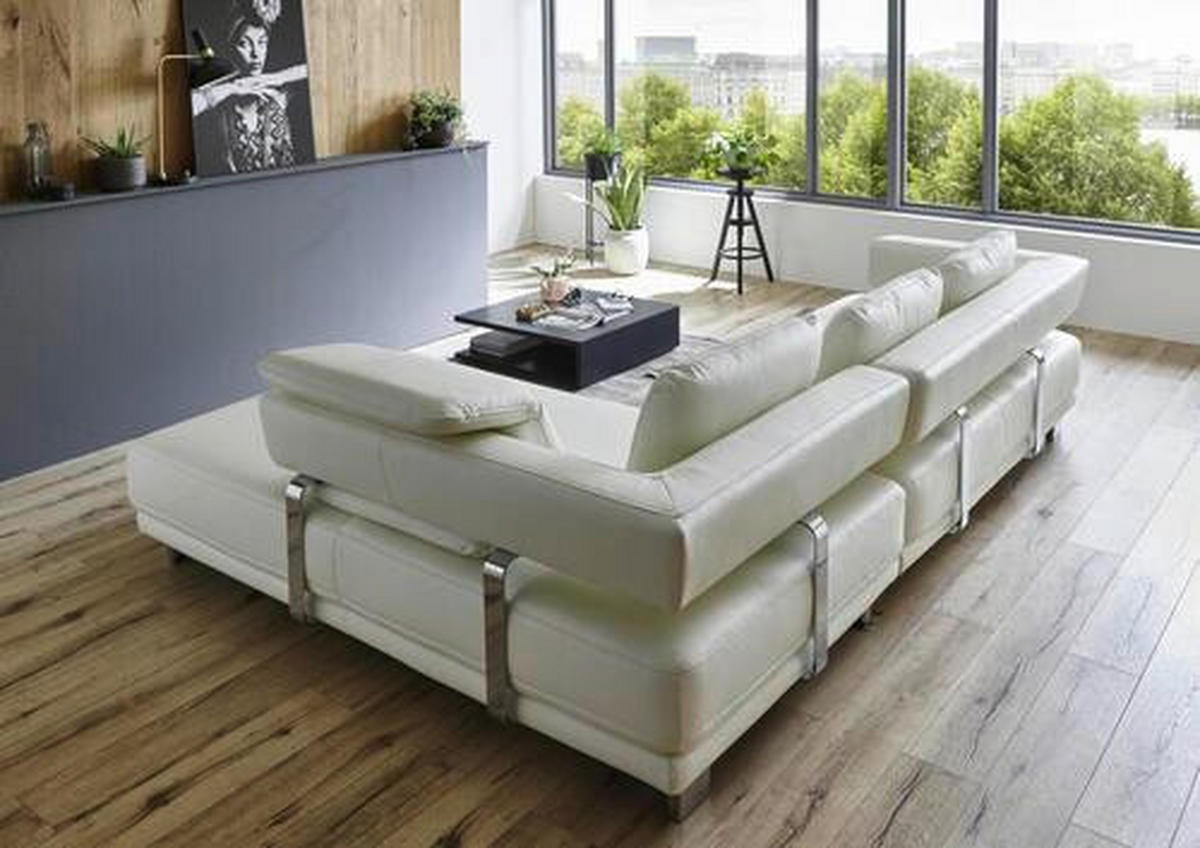 ECKSOFA Weiß Echtleder  - Chromfarben/Weiß, Natur, Leder/Metall (297/214cm) - Valdera