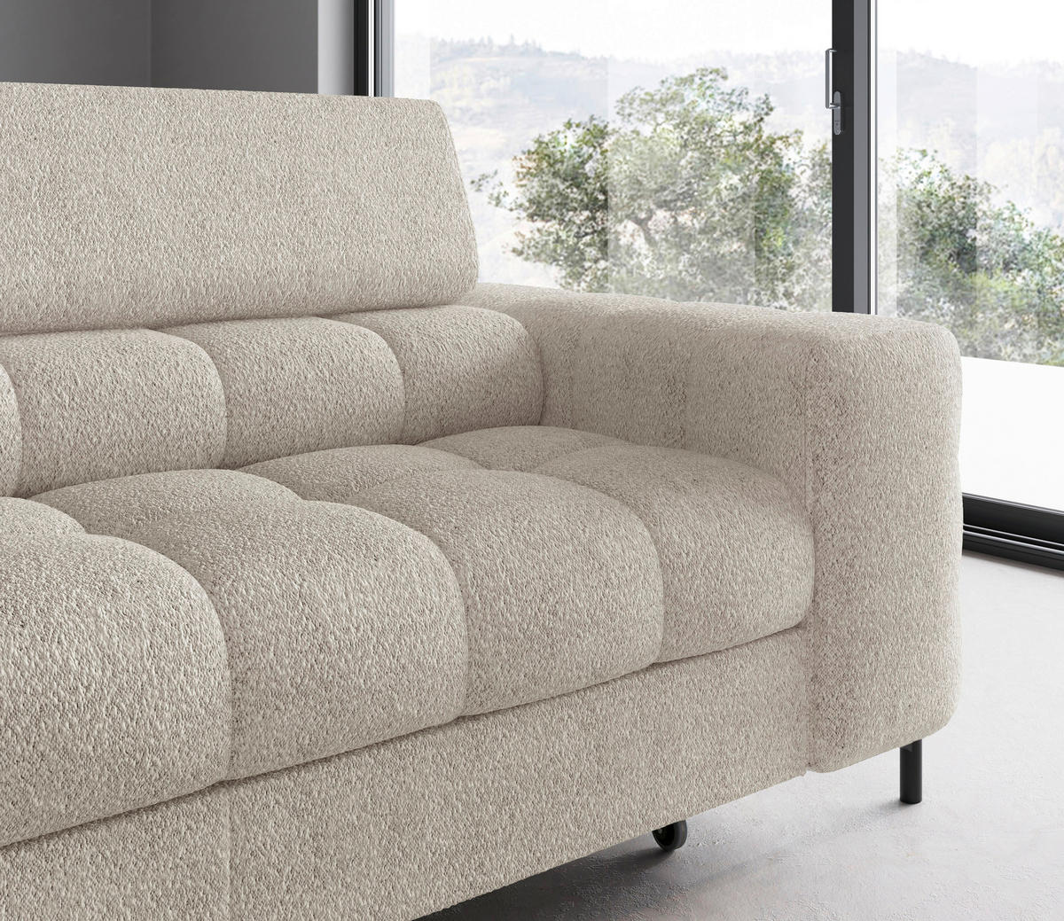 ECKSOFA FERUCCE Creme Teddystoff Bettkasten, Kopfteilverstellung  - Creme/Schwarz, Design, Textil/Metall (200/276cm) - MID.YOU