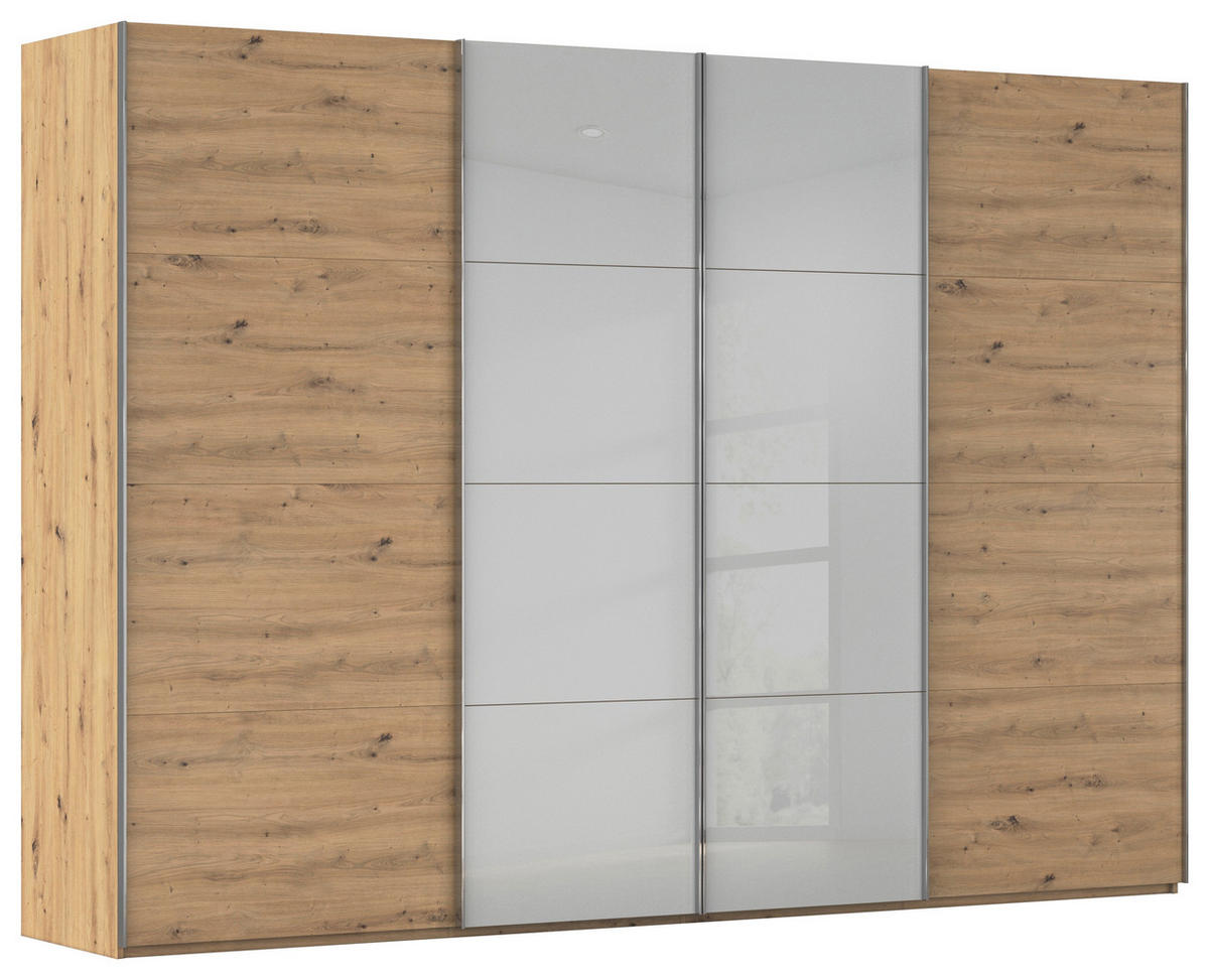 SCHWEBETÜRENSCHRANK 316/235/68 cm 4-türig Grau, Eiche Artisan  - Chromfarben/Eiche Artisan, KONVENTIONELL, Glas/Holzwerkstoff (316/235/68cm) - Novel
