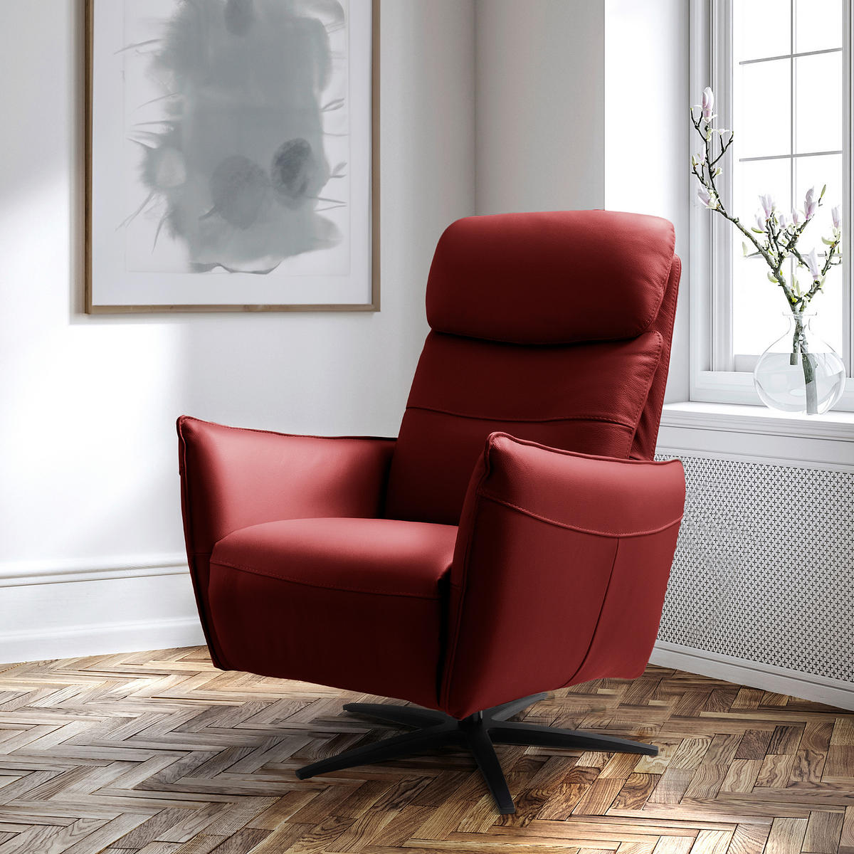 RELAXSESSEL Leder Rot  - Rot/Schwarz, Design, Leder/Metall (77/107/88cm) - Livetastic