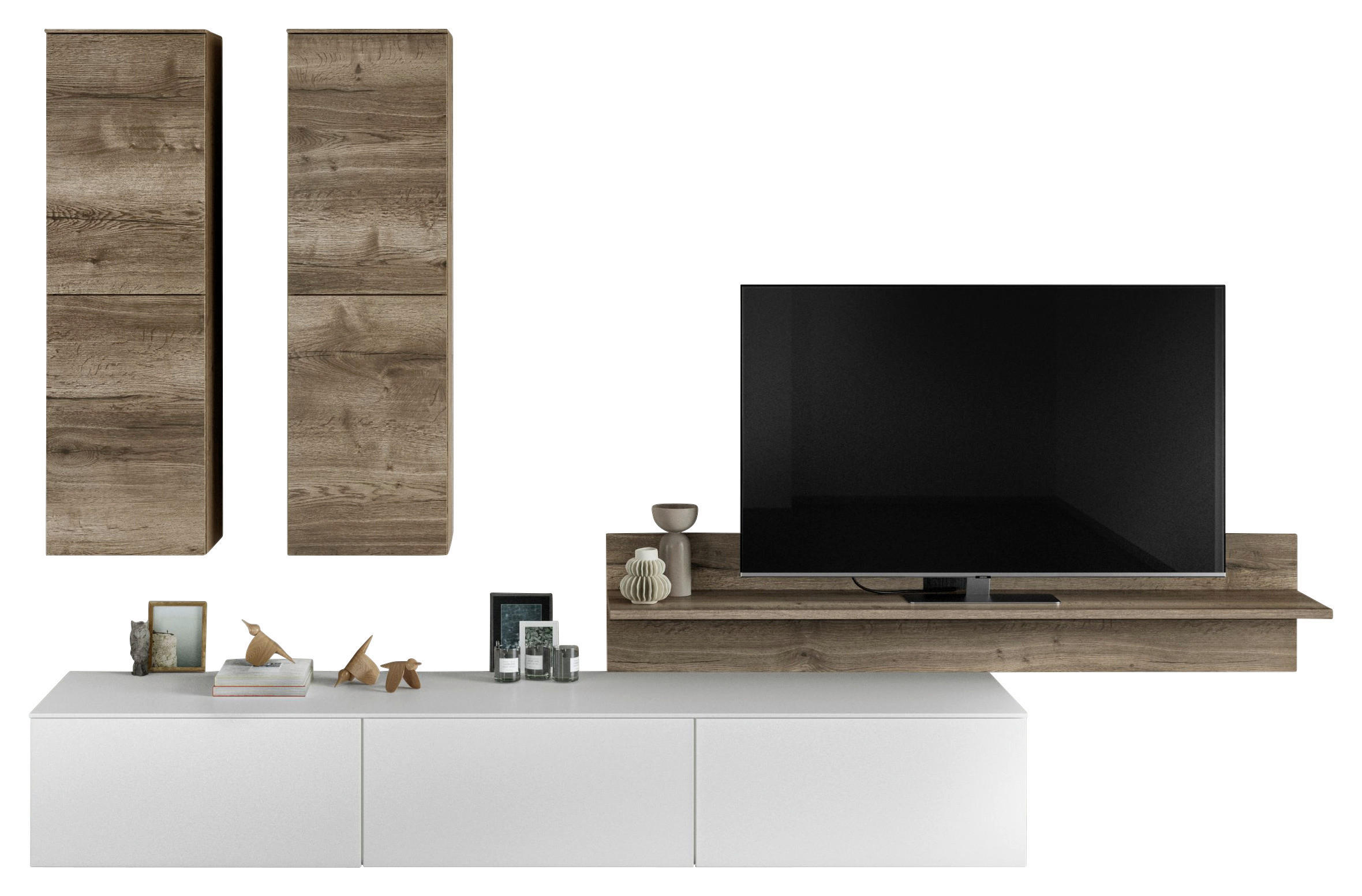 WOHNWAND  in Weiß, Eichefarben  305,3/204,6/58,5 cm  - Eichefarben/Weiß, Design, Holzwerkstoff (305,3/204,6/58,5cm) - Celina Home