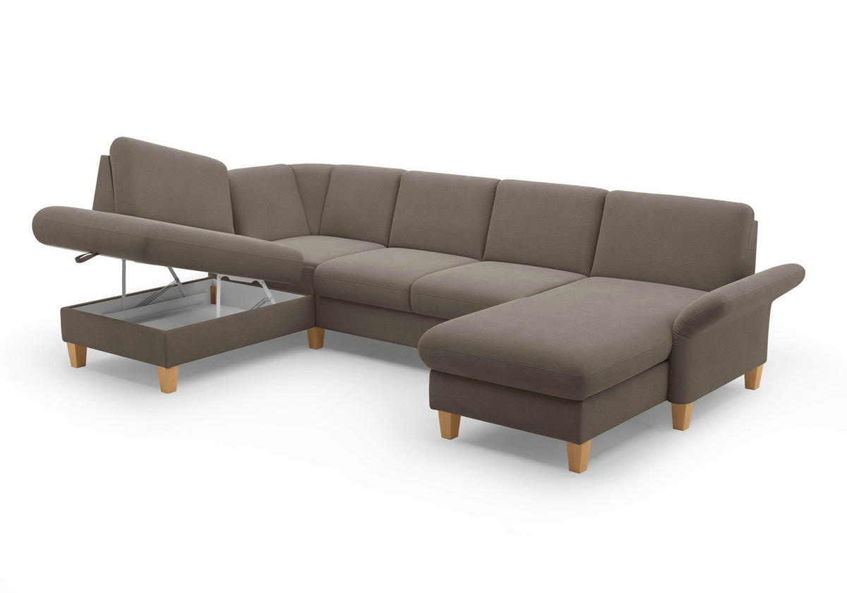 WOHNLANDSCHAFT Schlammfarben Flachgewebe  - Schlammfarben/Eichefarben, KONVENTIONELL, Holz/Textil (195/314/164cm) - Sit & More