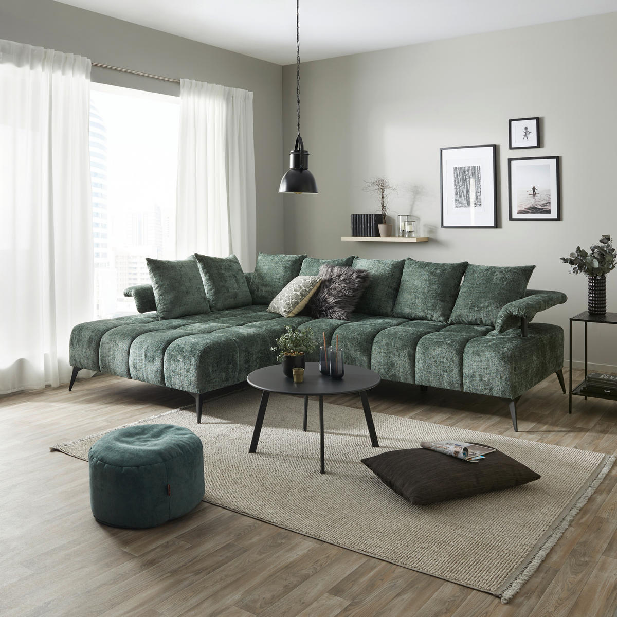 ECKSOFA in Flachgewebe Grün  - Schwarz/Grün, Modern, Kunststoff/Textil (200/297cm) - Livetastic