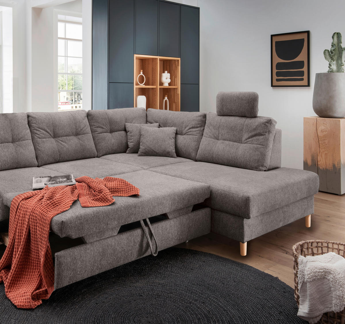 ECKSOFA in Chenille Graubraun  - Graubraun/Naturfarben, Modern, Holz/Textil (264/206cm) - Livetastic