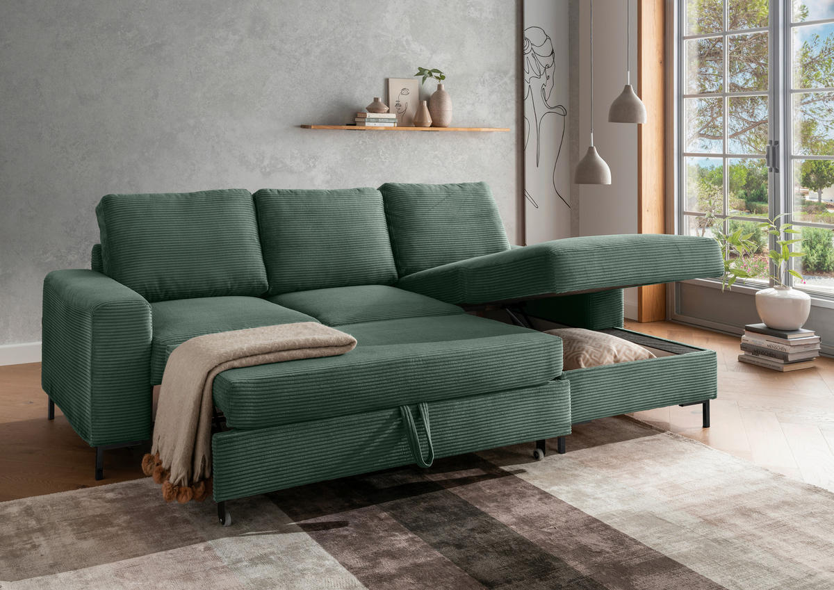 ECKSCHLAFSOFA in Cord Dunkelgrün  - Dunkelgrün/Schwarz, KONVENTIONELL, Textil/Metall (237/143cm) - Livetastic