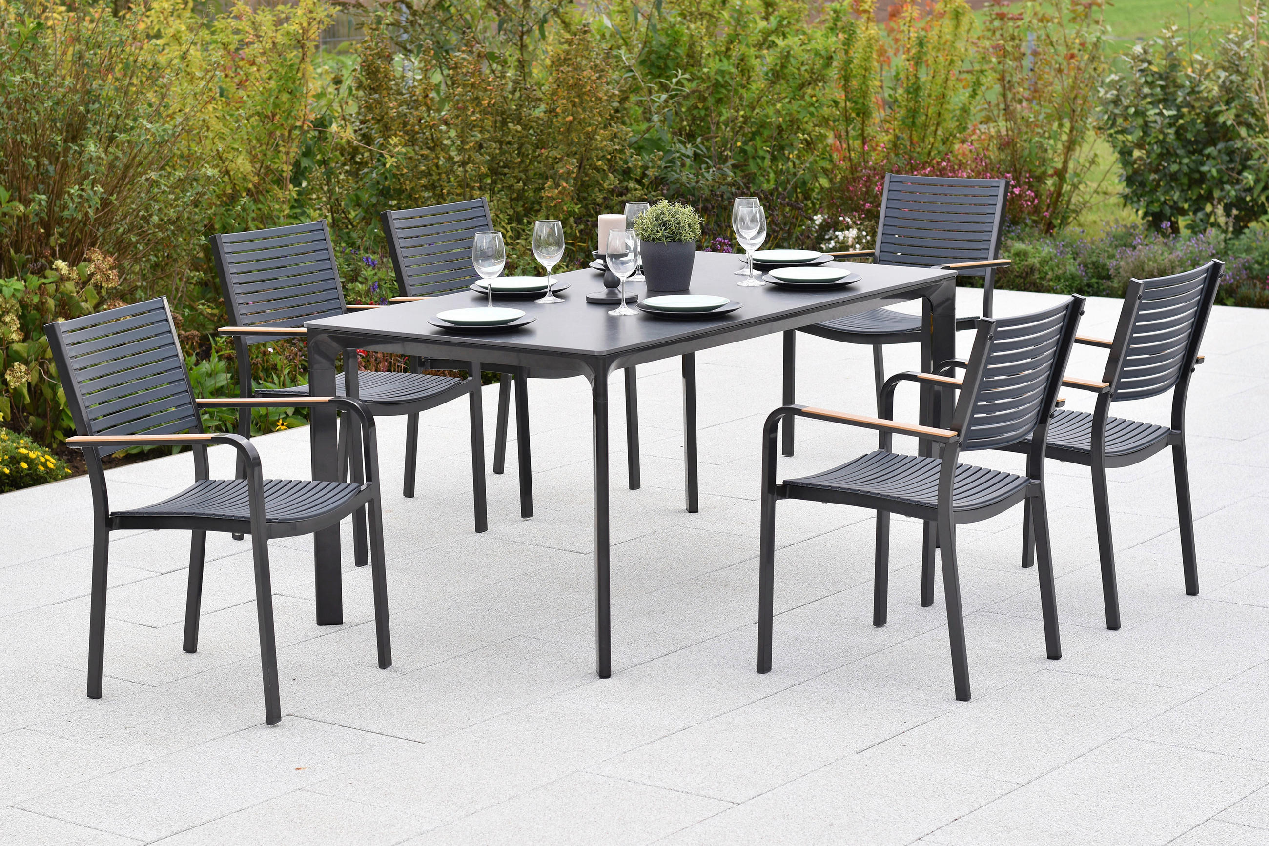 GARTENTISCHGRUPPE  - Graphitfarben/Naturfarben, KONVENTIONELL, Glas/Kunststoff - Gardenson