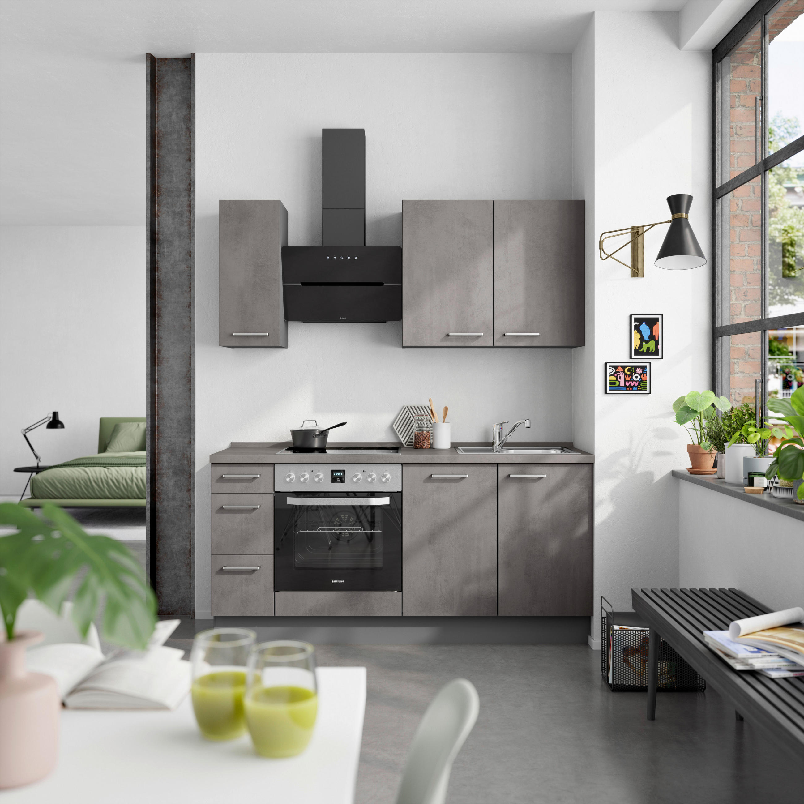 KÜCHENBLOCK Riva 180 cm  in Schieferfarben  - Schieferfarben/Edelstahlfarben, MODERN, Holzwerkstoff/Metall (180cm) - Nobilia