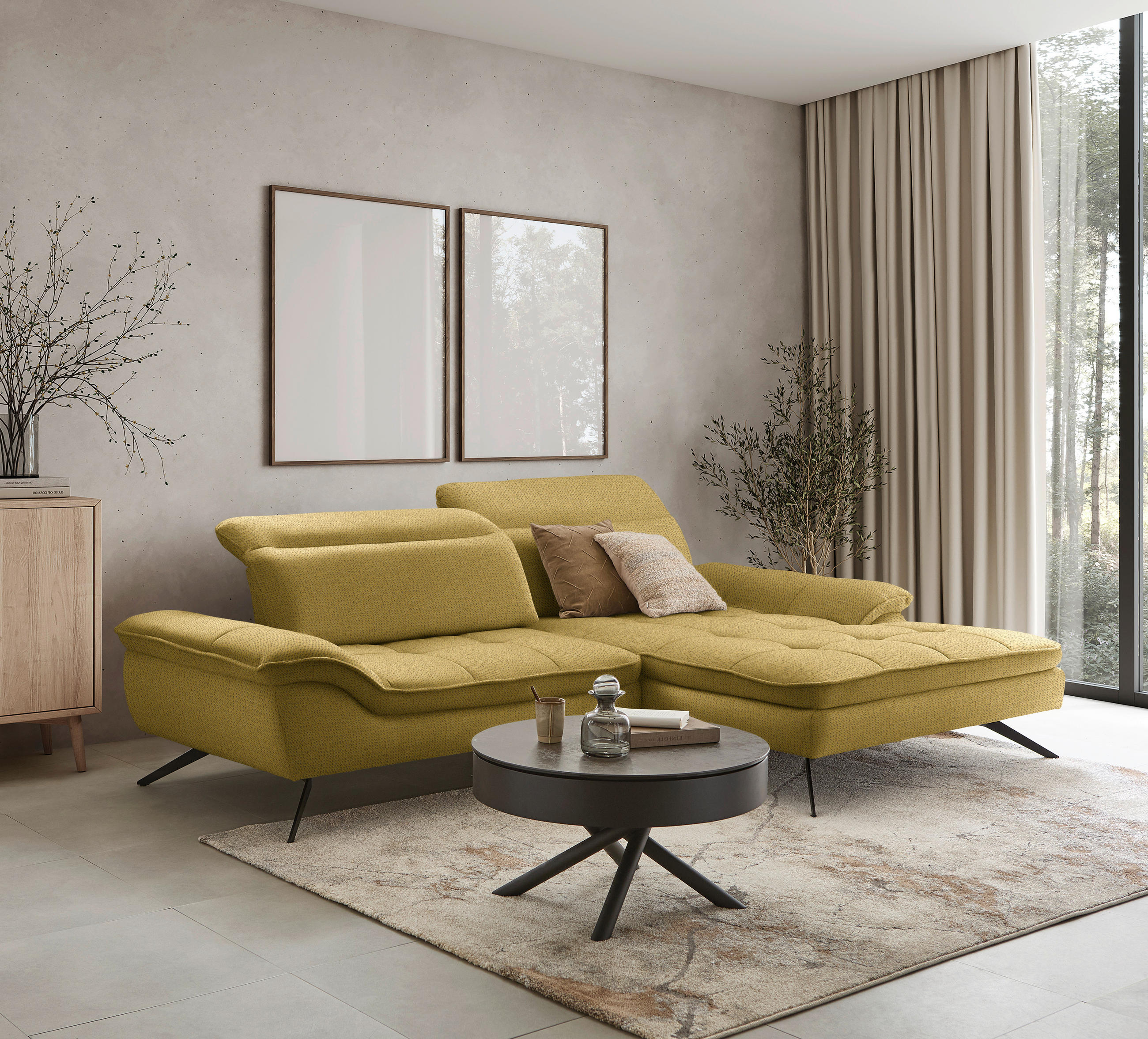 Ecksofa inkl. Funktionen Currygelb Chenille  - Currygelb/Schwarz, Design, Textil/Metall (288/179-202cm) - Stylife
