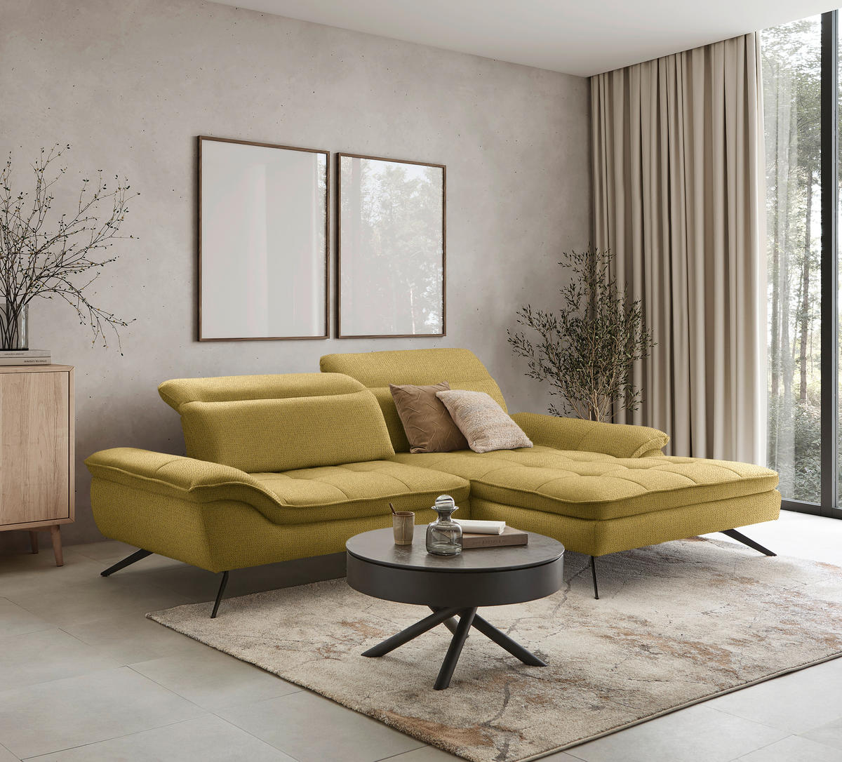 Ecksofa inkl. Funktionen Currygelb Chenille  - Currygelb/Schwarz, Design, Textil/Metall (288/179-202cm) - Stylife