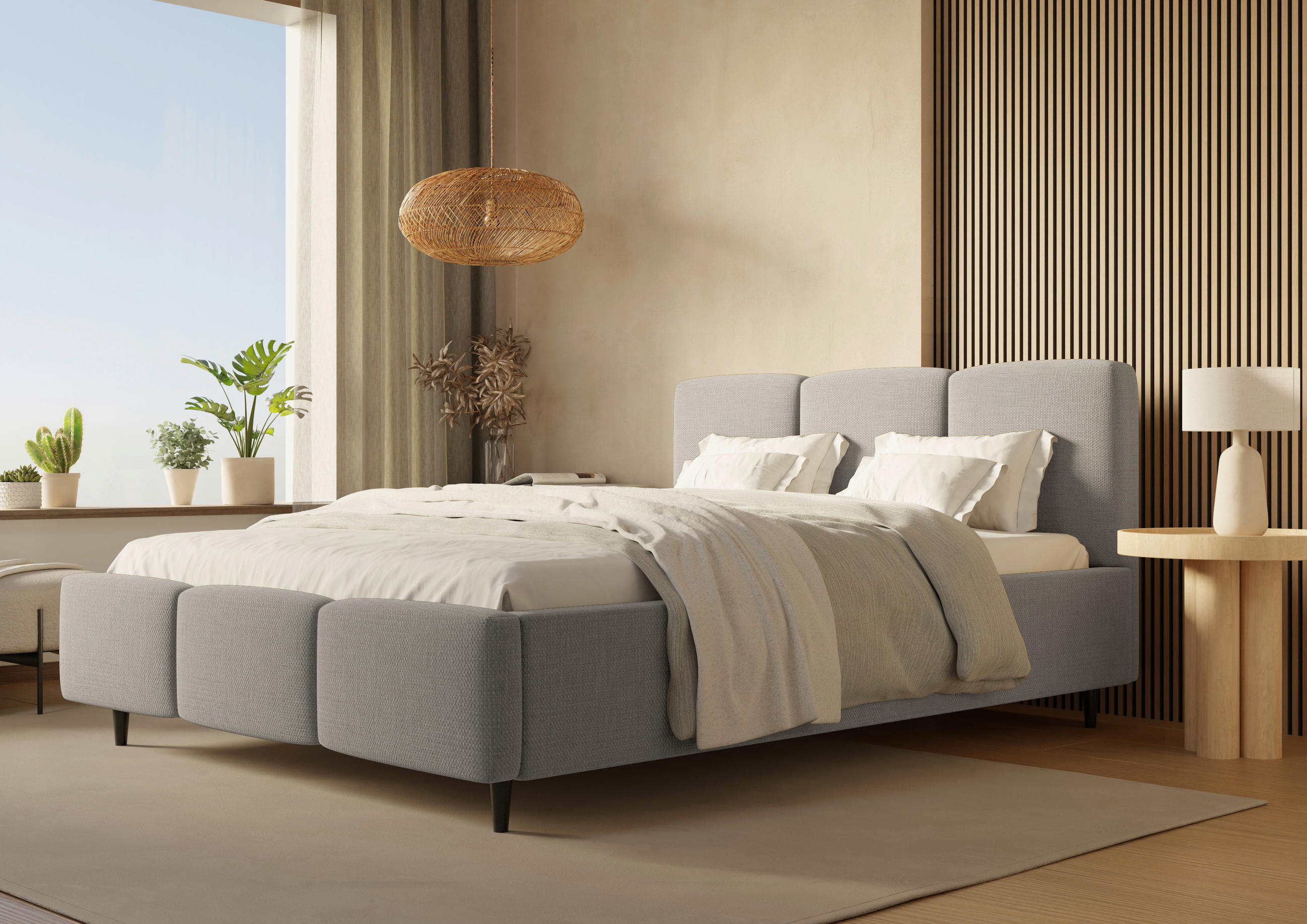 POLSTERBETT 200/200 cm,  in Hellgrau, Lattenrost, Bettkasten,  - Hellgrau/Schwarz, Design, Holz/Textil (200/200cm) - Boxxx