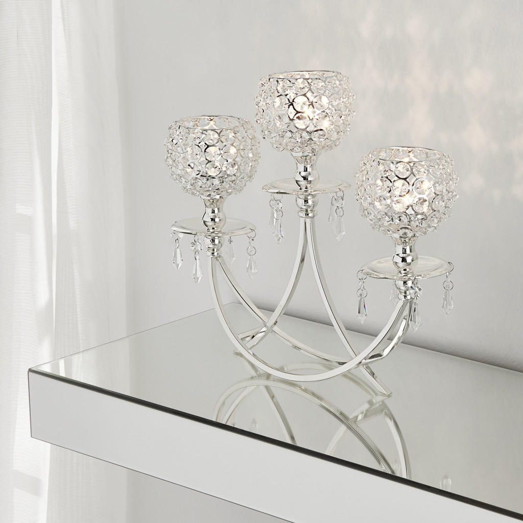 Thumbnail - Ambia Home Kerzenhalter, Silber, Metall, Glas, 10x33x38 cm, zum Stellen, Dekoration, Kerzen & Zubehör, Kerzenhalter