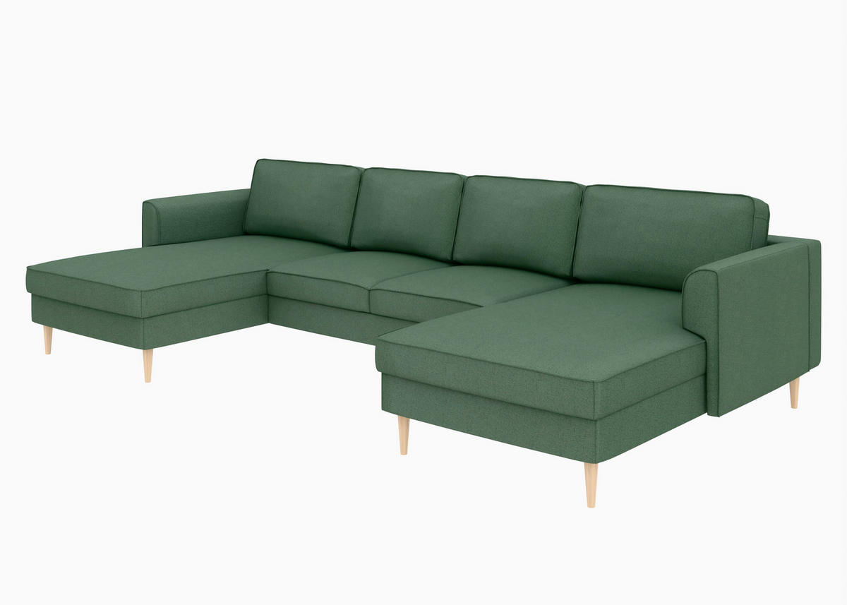 WOHNLANDSCHAFT Dunkelgrün Struktur  - Dunkelgrün/Buchefarben, MODERN, Holz/Textil (161/306/161cm) - Trendmanufaktur