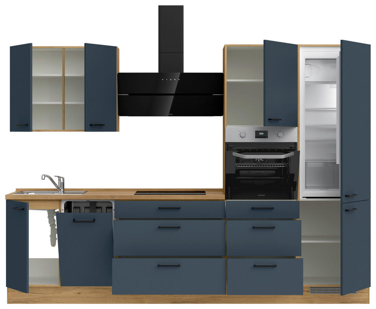 KÜCHENBLOCK Easytouch 300 cm  in Eichefarben, Dunkelblau  - Eichefarben/Schwarz, MODERN, Holzwerkstoff/Metall (300cm) - Nobilia