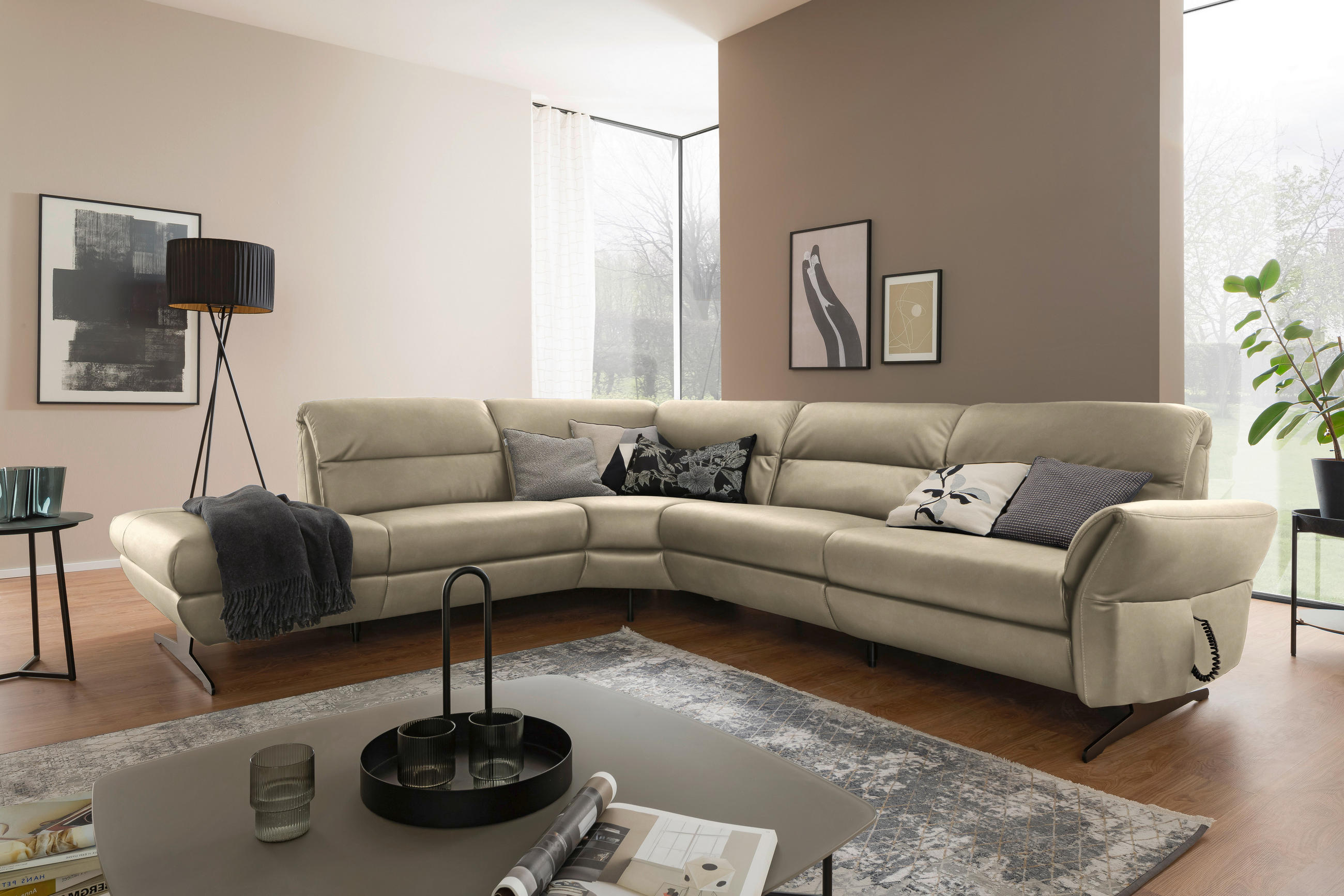 ECKSOFA Ecru Echtleder  - Ecru/Schwarz, Design, Leder/Metall (258/286cm) - Schöner Wohnen
