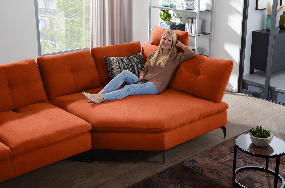 ECKSOFA in Flachgewebe Terracotta  - Terracotta/Schwarz, Design, Textil/Metall (344/157cm) - Chilliano