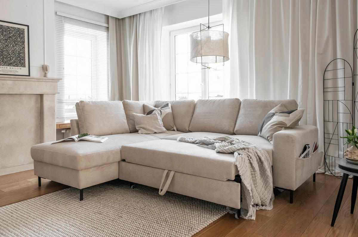 ECKSOFA in Cord Beige  - Beige/Schwarz, Design, Textil/Metall (197/237cm) - MID.YOU