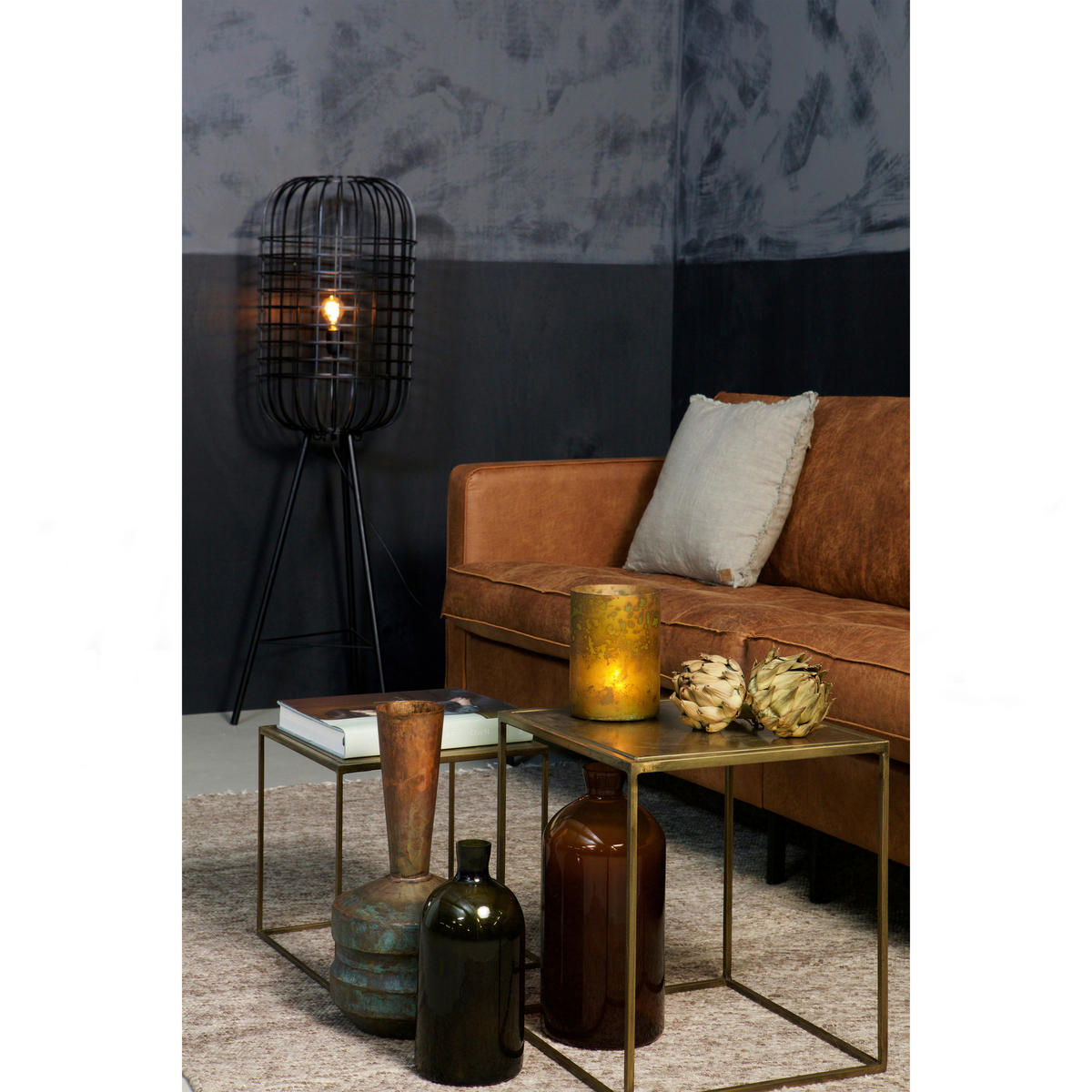 3-SITZER-SOFA Rodeo Classic in Kombination Echtleder/Stoff Cognac   - Cognac/Schwarz, Design, Leder/Metall (275/83/88cm) - Livetastic