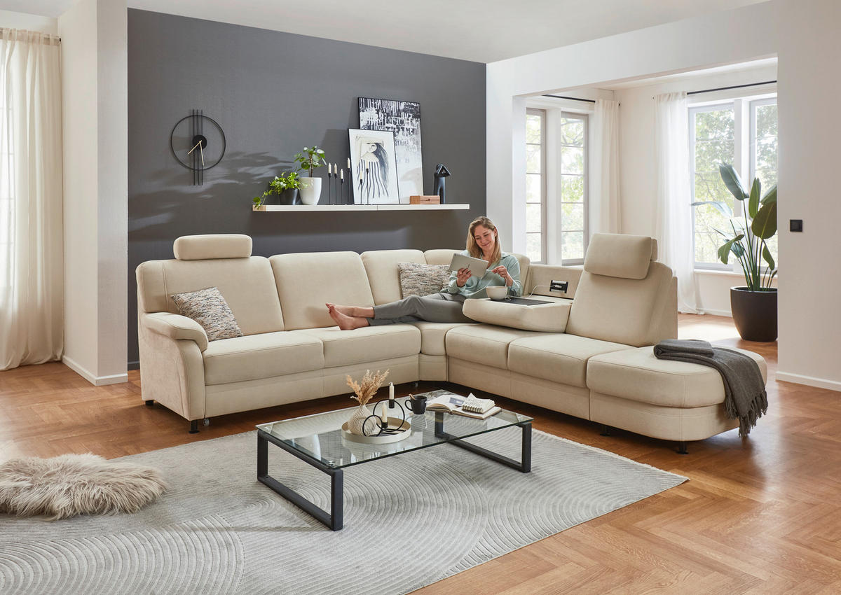 ECKSOFA in Flachgewebe Beige  - Beige/Schwarz, Konventionell, Textil/Metall (269/287cm) - Beldomo System