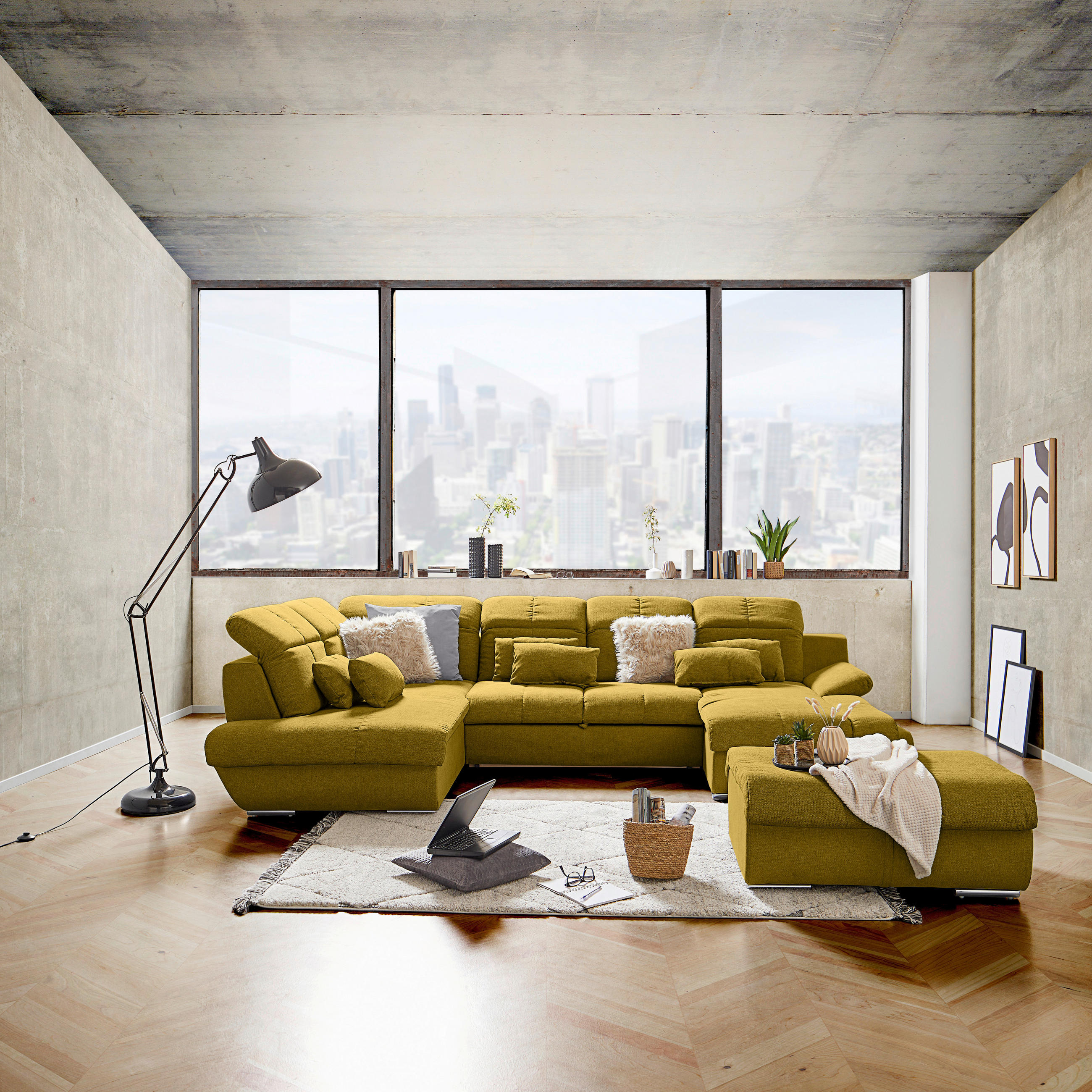 WOHNLANDSCHAFT in Mikrofaser Senfgelb  - Chromfarben/Senfgelb, Modern, Textil/Metall (228/345/184cm) - MID.YOU