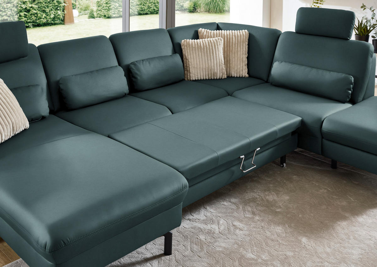 WOHNLANDSCHAFT Echtleder Graublau  - Graublau/Schwarz, Konventionell, Leder/Metall (168/306/224cm) - Beldomo Premium