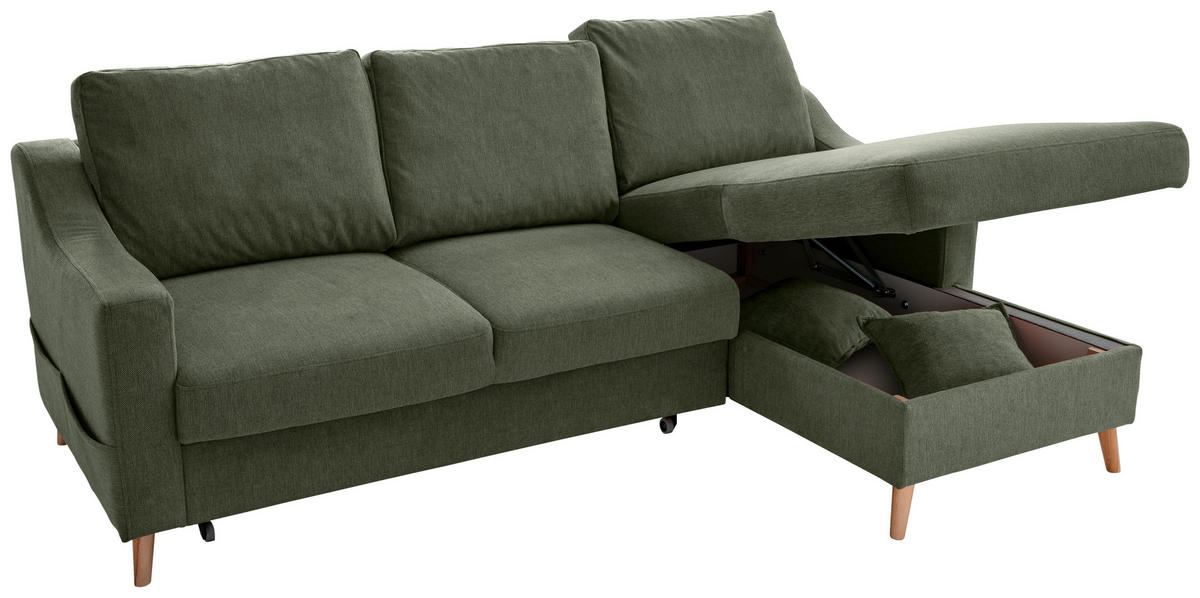 ECKSOFA in Chenille Dunkelgrün  - Dunkelgrün/Naturfarben, MODERN, Holz/Textil (228/150cm) - Livetastic