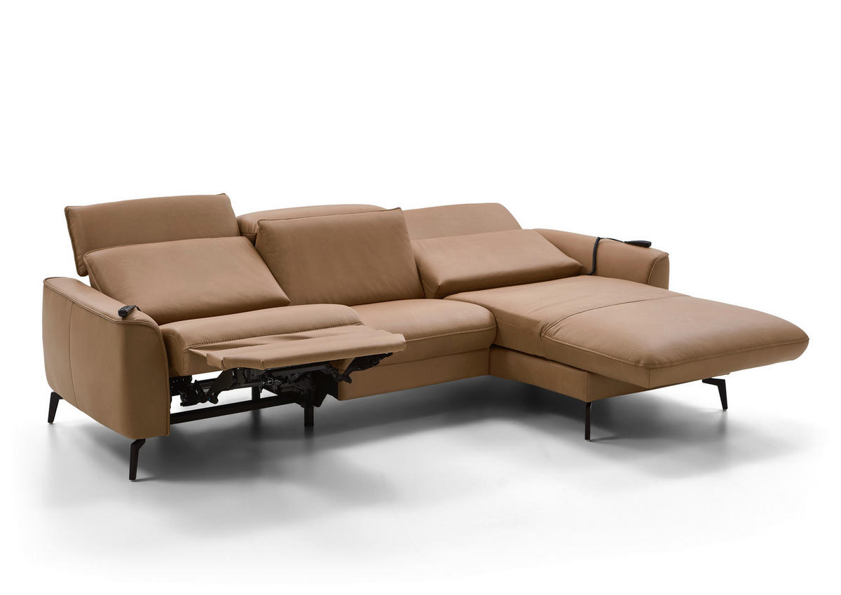 ECKSOFA in Echtleder Haselnussfarben  - Schwarz/Haselnussfarben, Natur, Leder/Metall (281/168cm) - Valdera