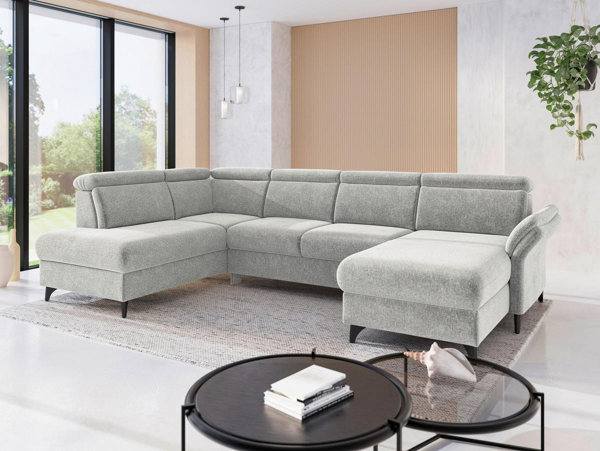 WOHNLANDSCHAFT GLENDALE E in Flachgewebe Hellgrau  - Hellgrau/Schwarz, KONVENTIONELL, Textil/Metall (193/321/166cm) - Sit & More