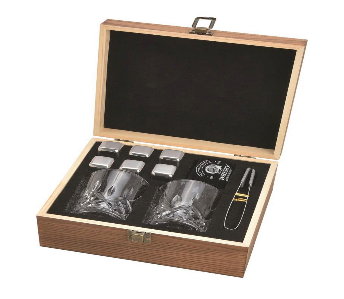 SET ČAŠA ZA VISKI  9 delova   - prozirna/boja nerđajućeg čelika, Osnovno, staklo/drvo (49/46/32cm)