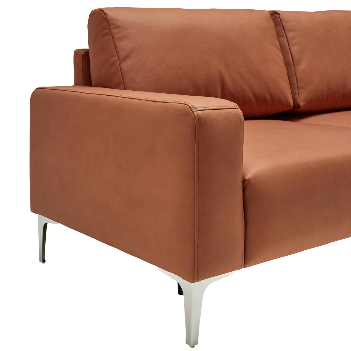 3-SITS SOFFA i läderimitation (vegan) cognacfärgad  - kromfärg/cognacfärgad, Modern, metall/textil (182/85/92cm) - MID.YOU