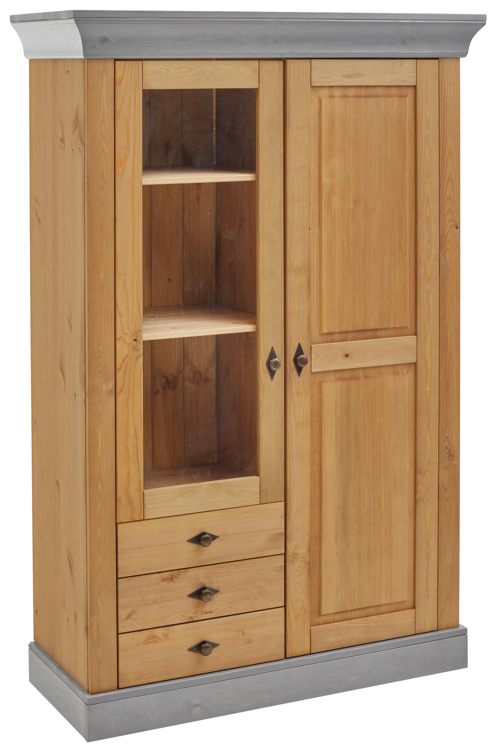 VITRINE in massiv Kiefer Grau, Laugenfarbig  - Laugenfarbig/Grau, ROMANTIK / LANDHAUS, Glas/Holz (108/163/45cm) - Boxxx