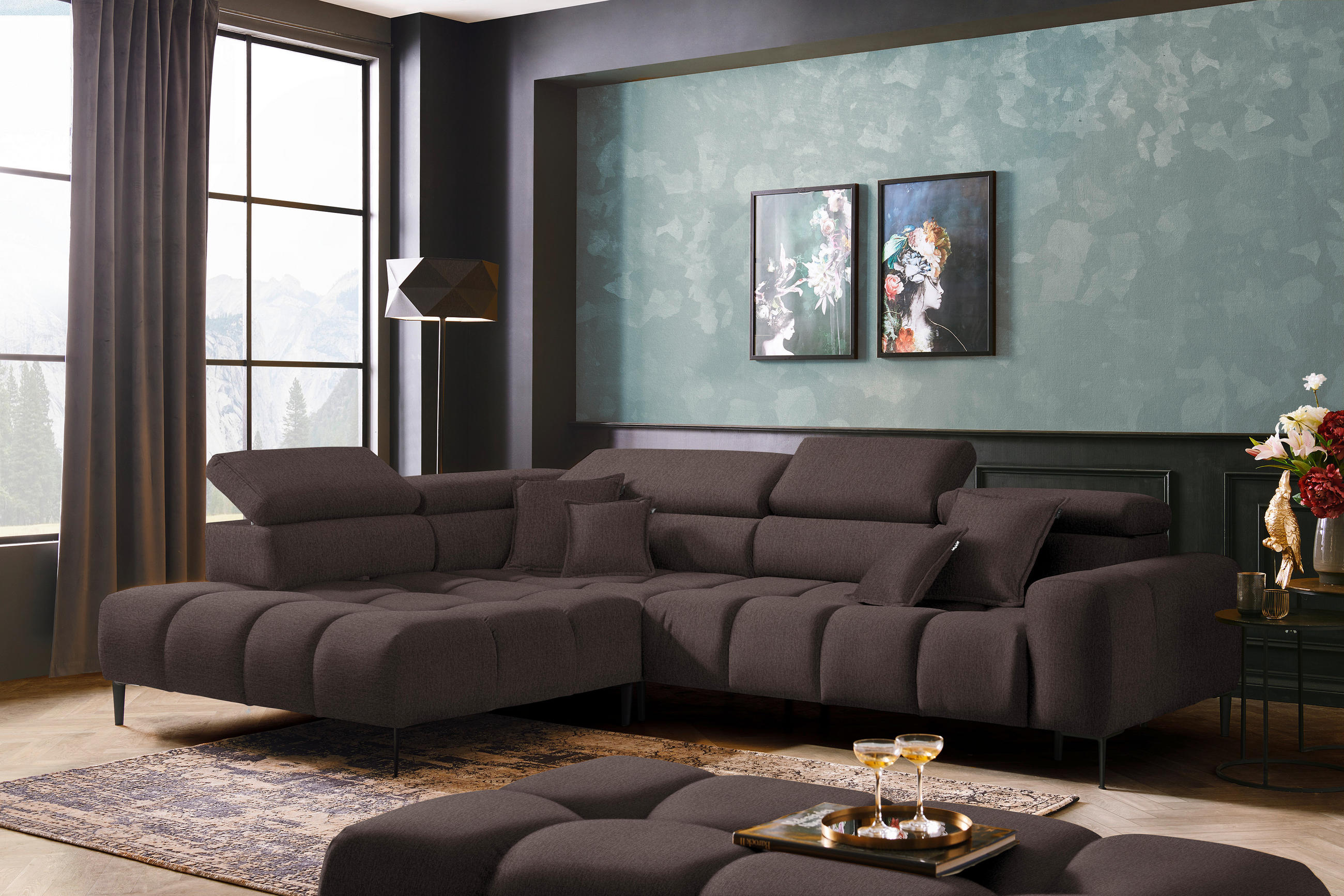 ECKSOFA in Samt, Webstoff Graubraun  - Graubraun/Schwarz, Design, Textil/Metall (216/300cm) - Welnova