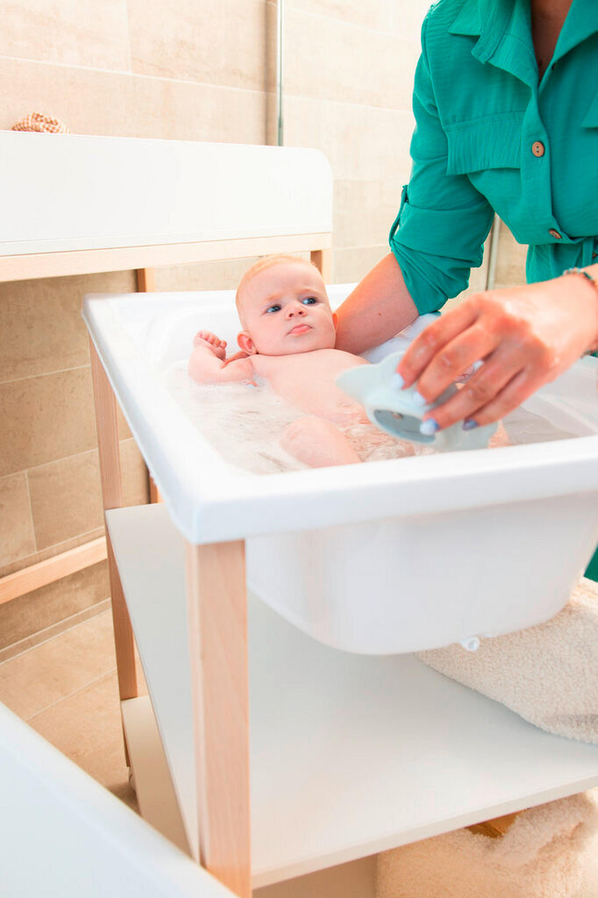 WICKELTISCH 2in1 Set Wickeltisch + Badewanne Weiß, Buchefarben  - Buchefarben/Weiß, KONVENTIONELL, Holzwerkstoff/Kunststoff (91,5/53,5/106,5cm) - Childhome