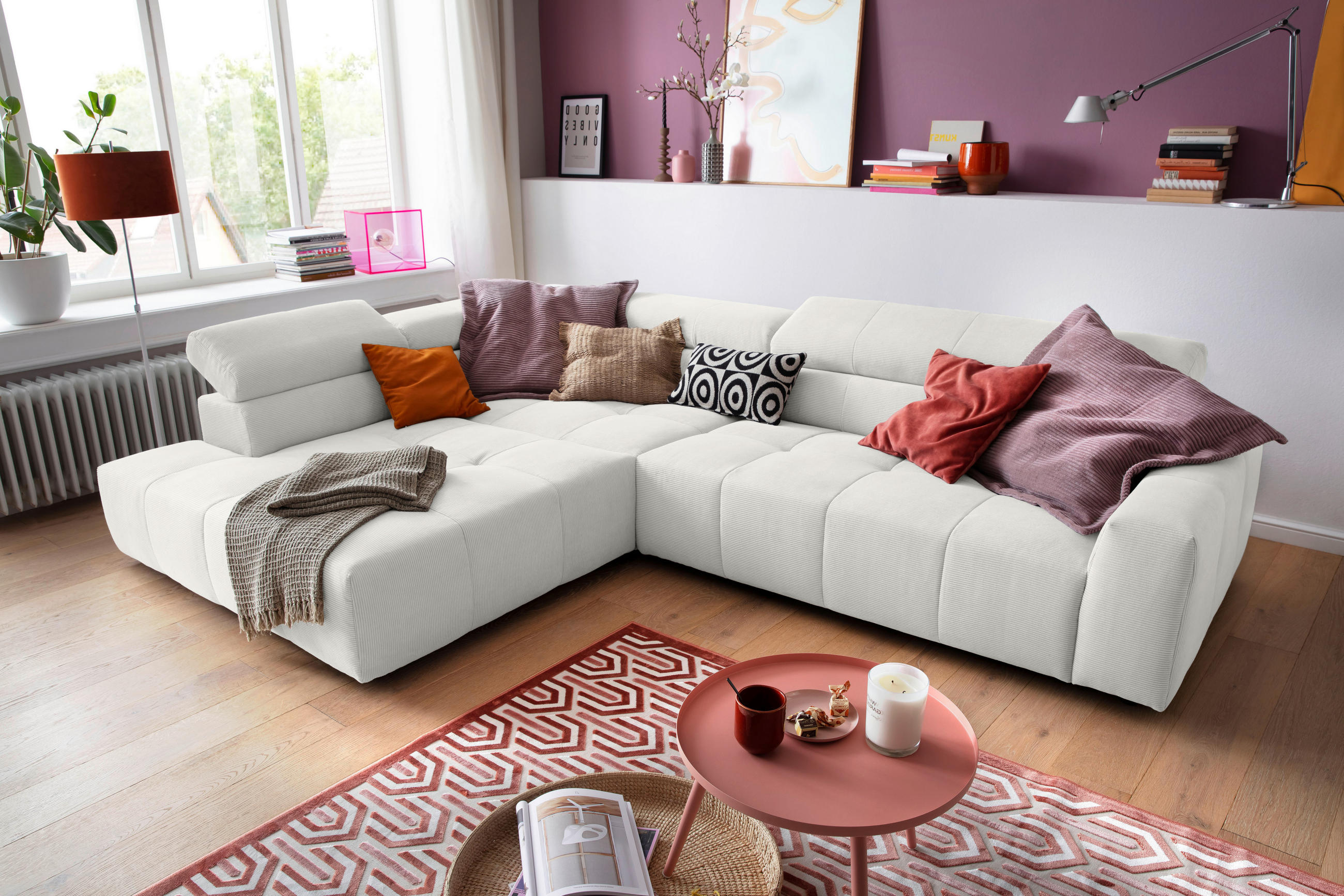 ECKSOFA Weiß Feincord  - Schwarz/Weiß, KONVENTIONELL, Kunststoff/Textil (219/311cm) - Hom`in