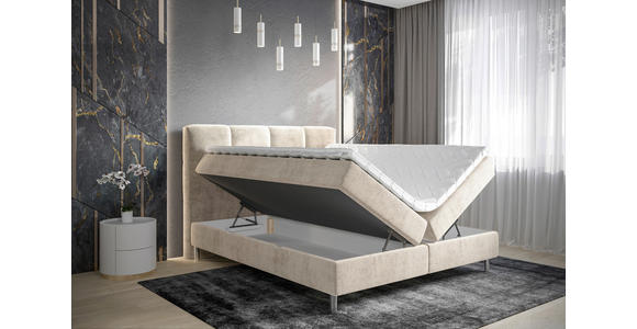 BOXBETT 140/200 cm,  in Beige, gepolstertes Kopfteil, Bettkasten, Topper, H3 = fest  - Chromfarben/Beige, Design, Holz/Holzwerkstoff (140/200cm) - Esposa