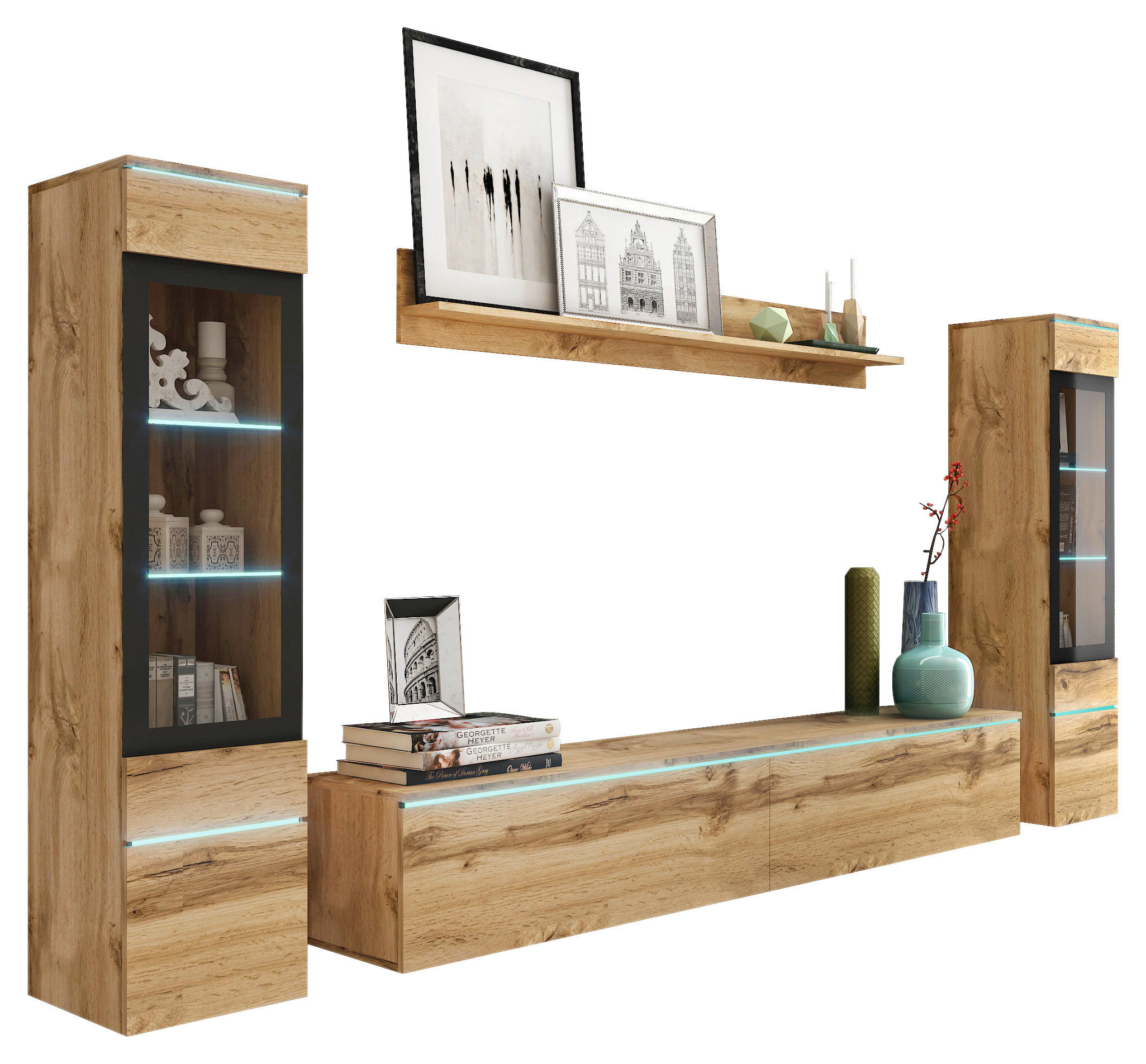HYLLKOMBINATION 4 delar  i ek Wotan  240/130/33 cm  - ek Wotan/grå, Lifestyle, trämaterial/glas (240/130/33cm) - P & B