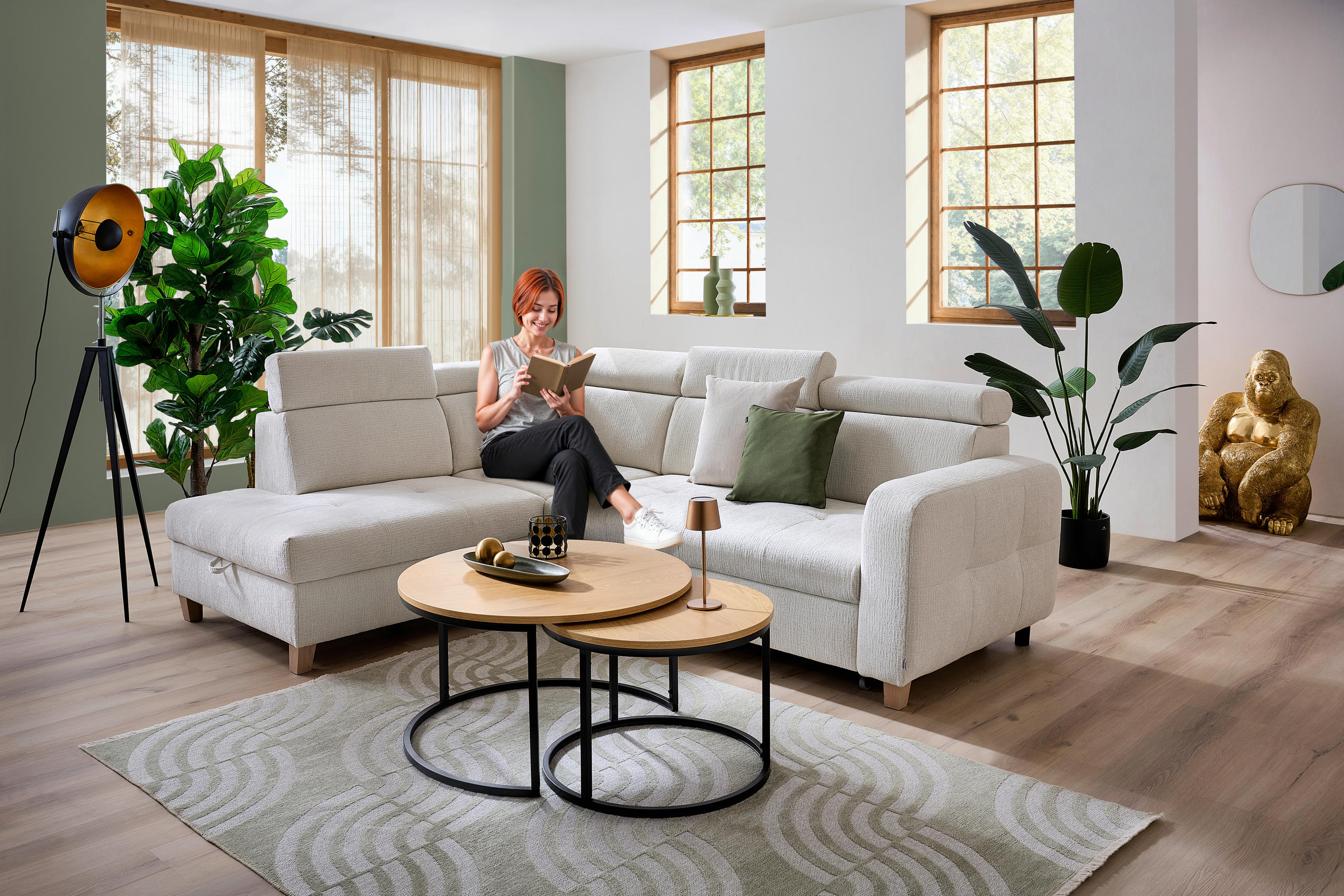 ECKSOFA inkl. Funktionen Weiß Samt  - Weiß, Natur, Holz/Textil (206/261cm) - Venda