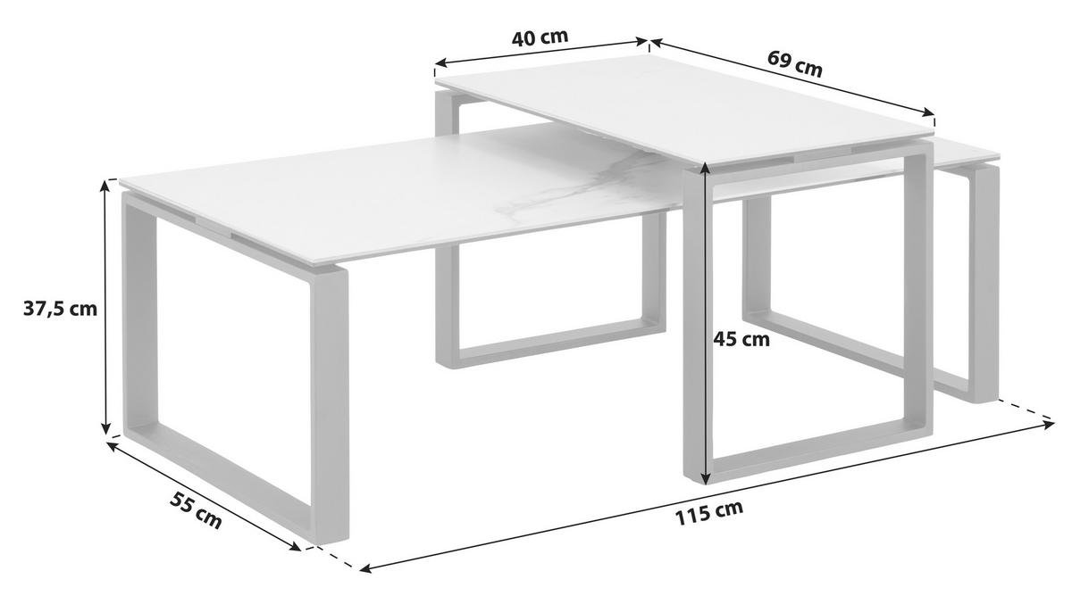 COUCHTISCHSET in Metall, Glas 115/55/45 cm  - Weiss/Schwarz, Trend, Glas/Metall (115/55/45cm) - MID.YOU