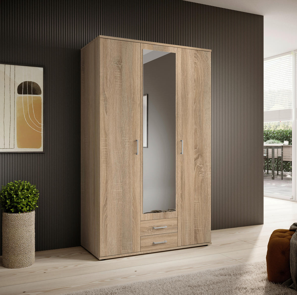 KLEIDERSCHRANK 120/196/53,5 cm 3-türig Sonoma Eiche  - Alufarben/Sonoma Eiche, KONVENTIONELL, Glas/Holzwerkstoff (120/196/53,5cm) - Boxxx