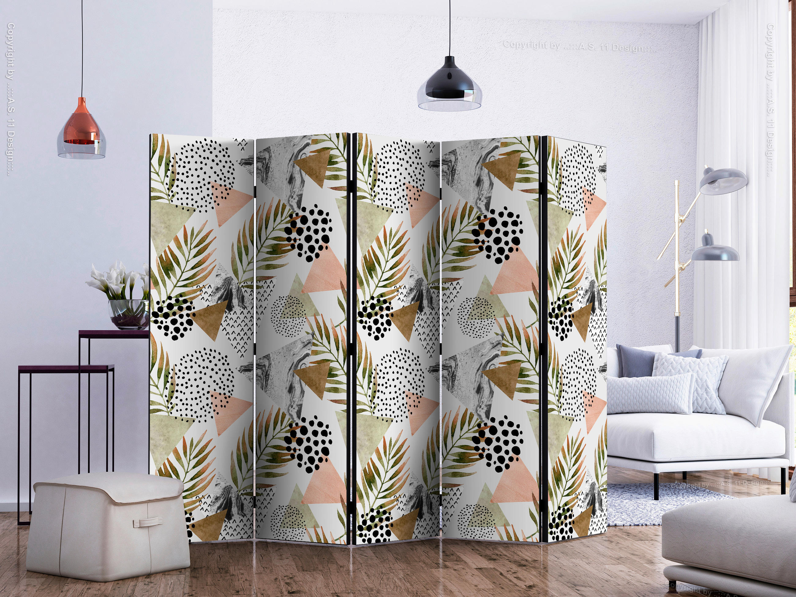 PARAVENT mit 5  Flügel - Beige/Weiß, Basics, Holz/Textil (225/172/3cm) - artgeist