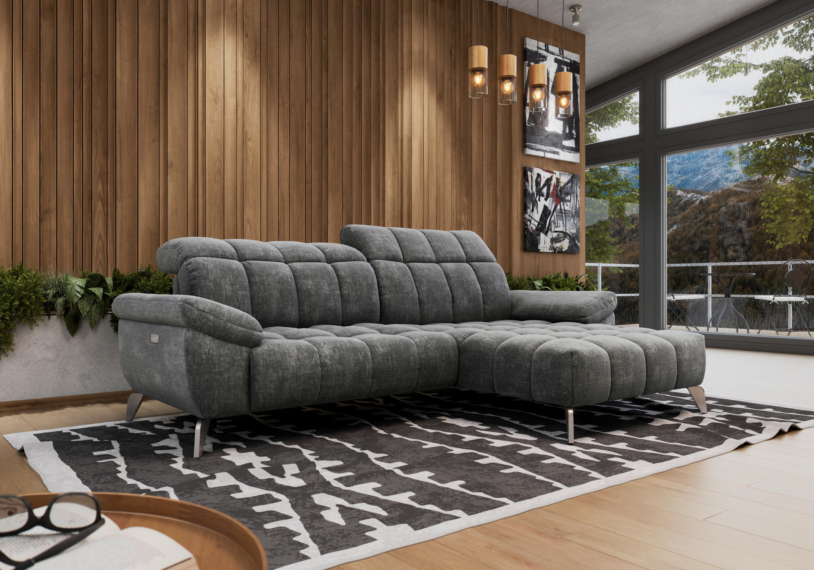 ECKSOFA inkl. Funktionen Dunkelgrau Chenille  - Edelstahlfarben/Dunkelgrau, Design, Textil/Metall (266/105-178cm) - Xora