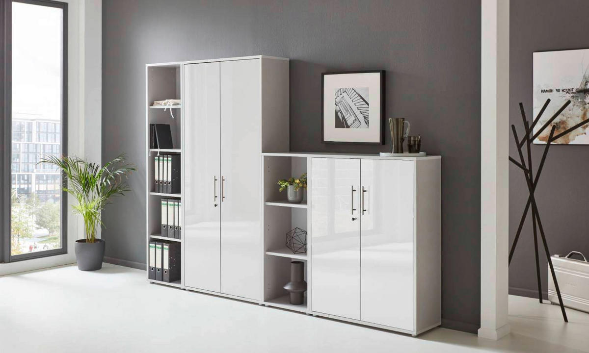 BÜRO erweiterbar, in verschiedenen Holz-Dekoren erhältlich, Schreibtisch seitenverkehrt montierbar, abschließbar Grau, Weiß Hochglanz - Weiß Hochglanz/Grau, MODERN, Holzwerkstoff - MID.YOU