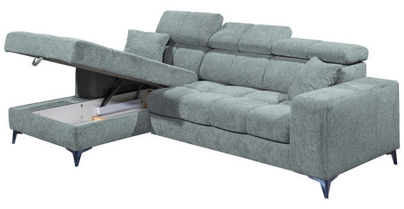 ECKSOFA Hellblau Chenille Zierkissen, Bettkasten, Rücken echt, Kopfteilverstellung, Sitztiefenverstellung  - Schwarz/Hellblau, KONVENTIONELL, Kunststoff/Textil (172/268cm) - Carryhome