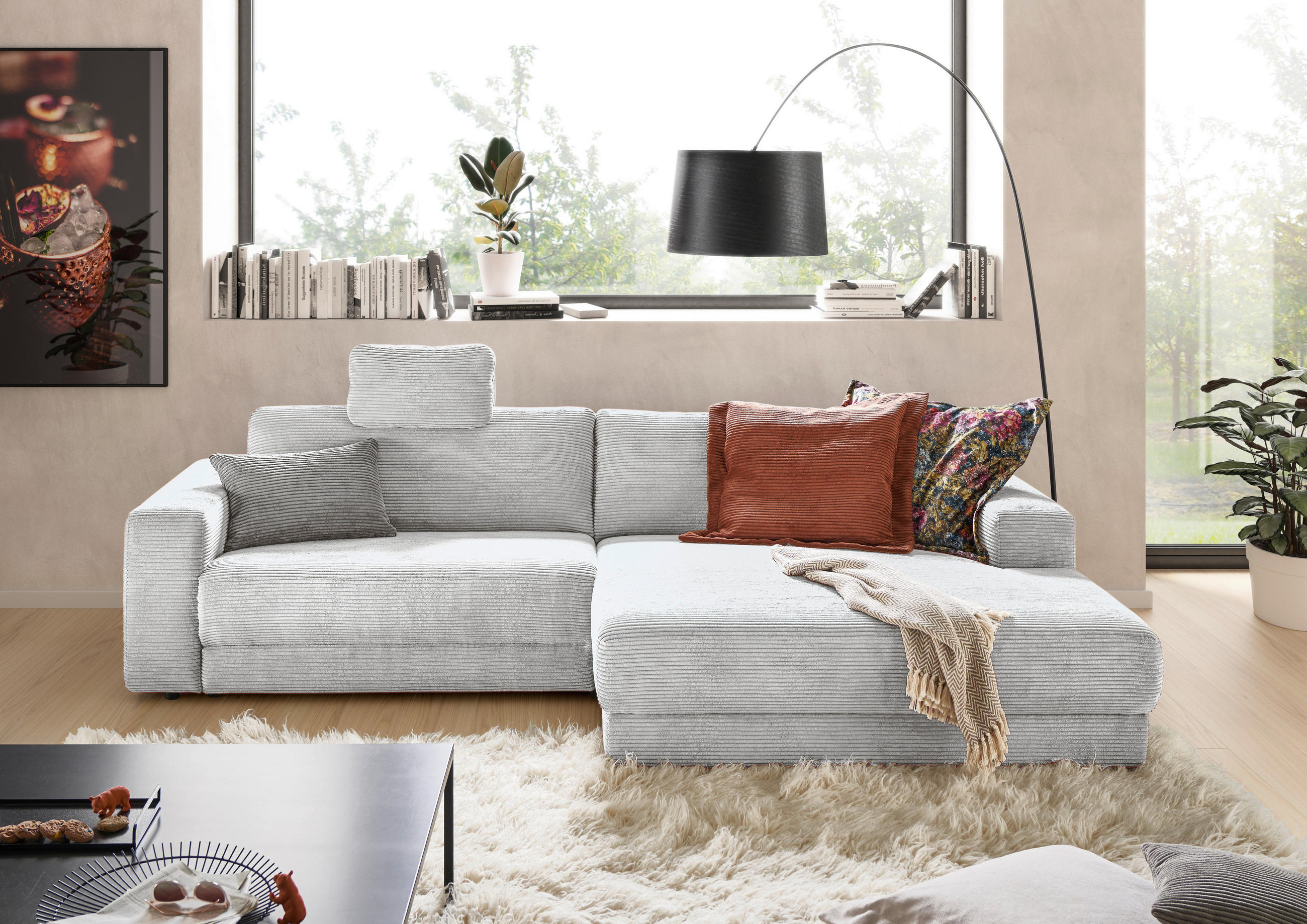 ECKSOFA in Cord Grau  - Schwarz/Grau, Design, Kunststoff/Textil (296/168cm) - Pure Home Lifestyle