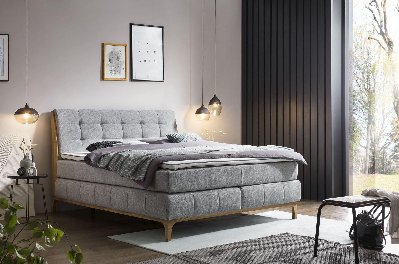 BOXSPRING KREVET 180/200 cm     siva  - siva/prirodna boja, Konvencionalno, tekstil/drvo (180/200cm) - Venda