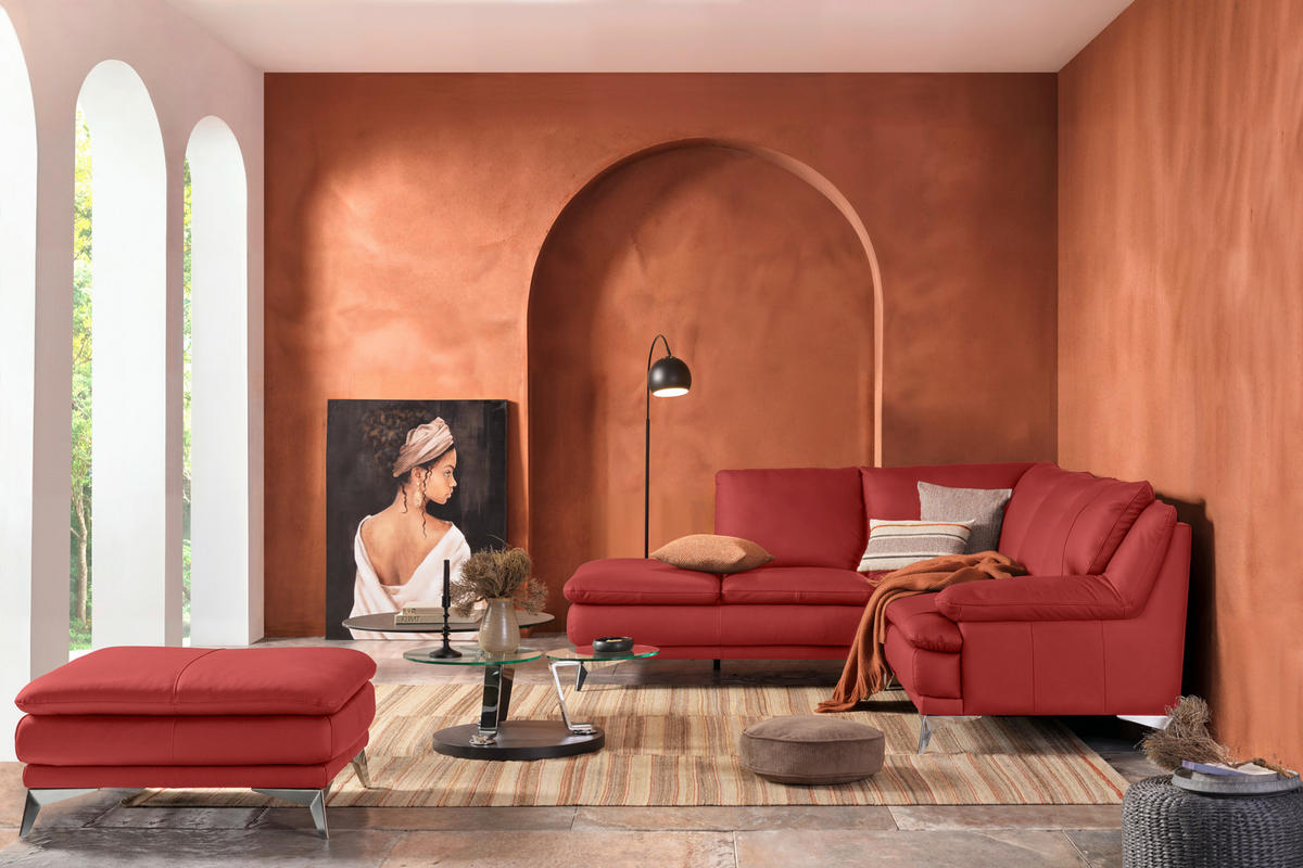 ECKSOFA Rot Echtleder  - Chromfarben/Rot, Design, Leder/Metall (224/252cm) - Novel