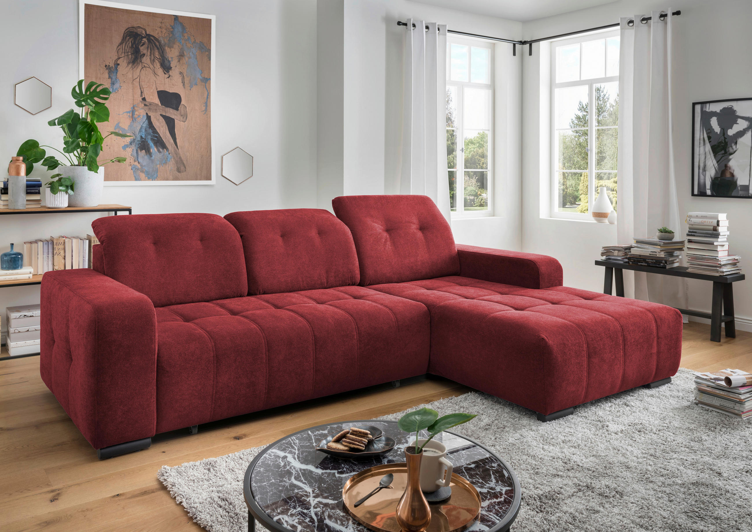 ECKSOFA in Chenille Rot  - Rot/Schwarz, Modern, Textil/Metall (185/292cm) - Livetastic