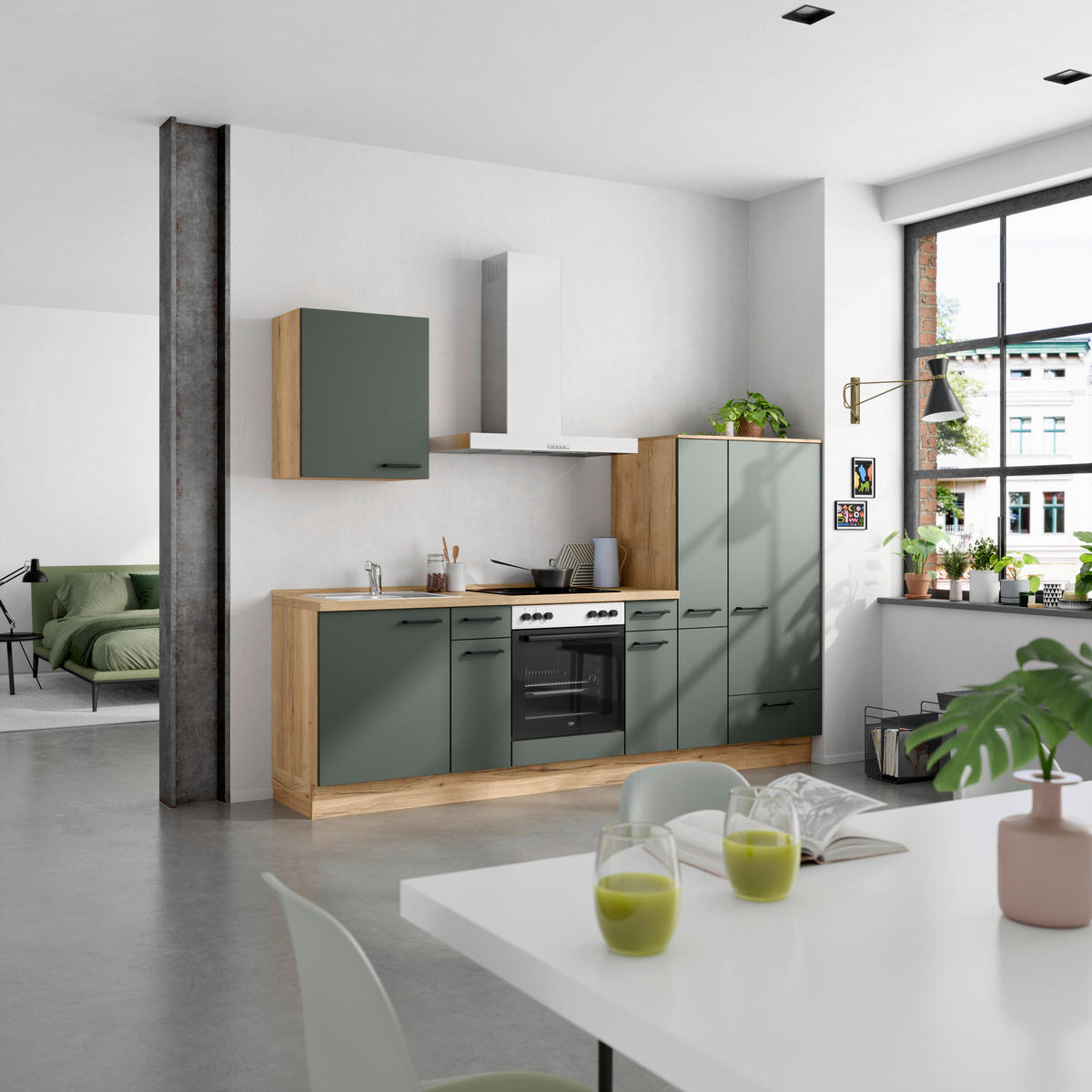 KÜCHENBLOCK Easytouch 270 cm  in Eichefarben, Dunkelgrün  - Dunkelgrün/Eichefarben, MODERN, Holzwerkstoff/Metall (270cm) - Nobilia