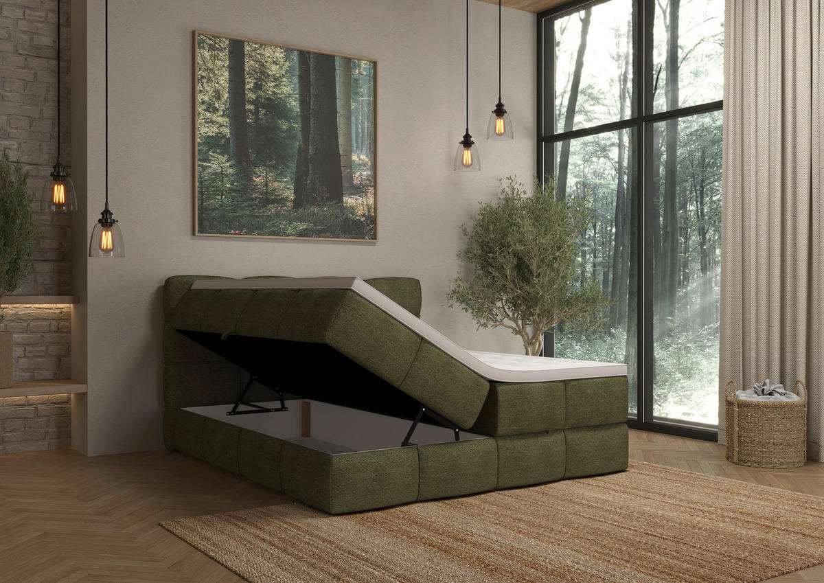 BOXSPRINGBETT 180/200 cm,  in Grün, gepolstertes Kopfteil, Bettkasten, Topper, Matratzen, H3 + H3 = fest  - Schwarz/Grün, Design, Kunststoff/Textil (180/200cm) - Chameo